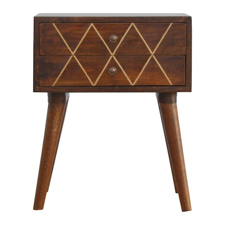 Homeroots 22" Chestnut Solid Wood Geometric Brass Inlay Two Drawer Nightstand 651558