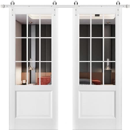 Sartodoors Sturdy Double Barn Door with, Felicia 3599 White Silk with Clear Glass, 13FT Rail Hangers Heavy Se FELICIA3599DB-S-BEM-72 x 96(2*36x96)