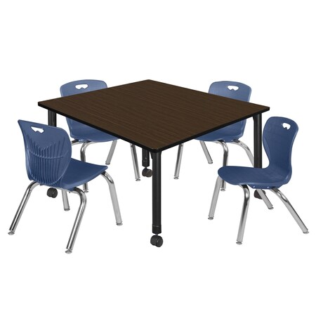 Regency Square Kee Mobile Adjustable Classroom Table W/ 4 Andy Chairs, 48 in W, 48 in L, Neo Walnut TB4848NWAPCBK45NV