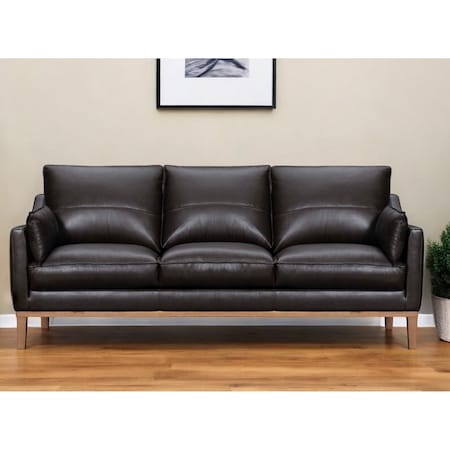 Homeroots 87" Dark Brown Leather Sofa And Toss Pillows With Brown Legs 546409