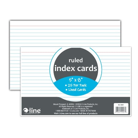 C-Line Products 5in X 8in Index Cards, White, Ruled, 25PK 49907