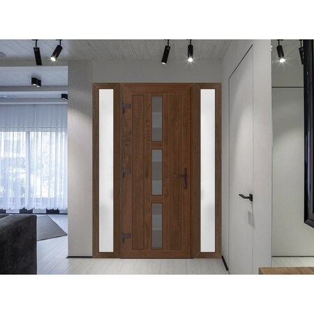 Vdomdoors Front Exterior Prehung Metal-Plastic Door, Manux 8112 Walnut, 2 Side Sidelite Transoms, Office Comm MANUX8112EXD-WLN-W12+36+12xH80-RH