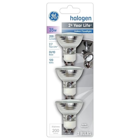 Ge Halogen Bulb, 35 W, GU10 Lamp Base, MR16 Lamp, 200 Lumens, 2650 K Color Temp, PK3 61142