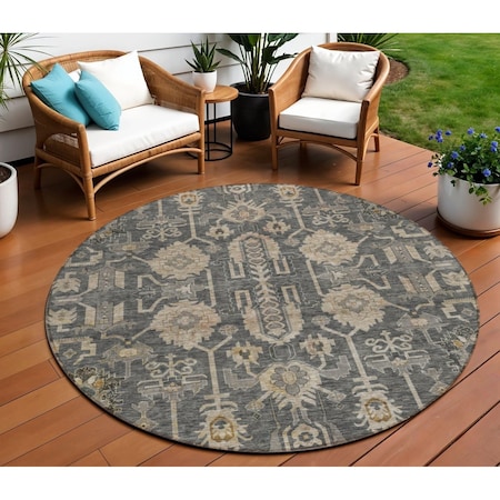 Homeroots 8' Gray Silver And Beige Round Oriental Washable Indoor Outdoor Area Rug 582076
