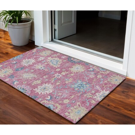 Homeroots 3' X 5' Pink Ivory And Denim Blue Floral Washable Indoor Outdoor Area Rug 605319