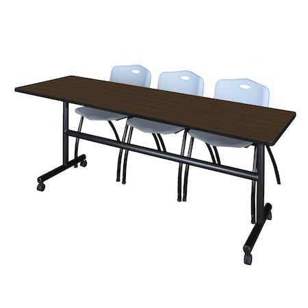 Regency Kobe Flip-Top Training Nesting Table W/ 2 M Stack Chairs, 84 in W, 24 in L, Neo Walnut MKFT8424NW47GY