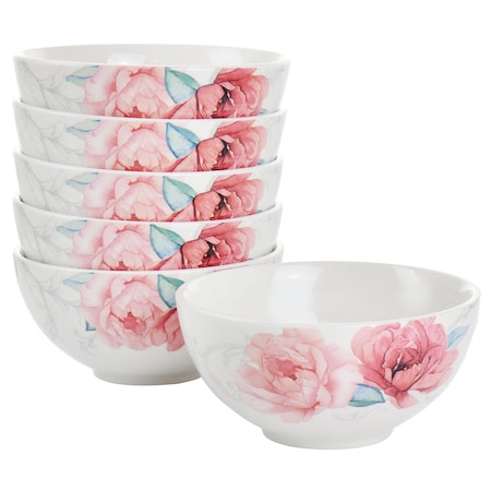 Martha Stewart 6 Inch Fine Ceramic 6 Piece Floral Decorated Cereal Bowl Set in White and Pink 129540.01