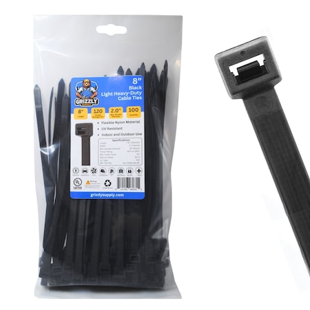 Grizzly Supply Cable Tie, 8 in L, 120 lb Strength, 2 in Max Bundle Dia, Nylon 6/6, UV Resistant, Black, 100PK GS-LHD8-120-0C