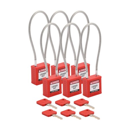 Brady Velocity 8in Compact Cable Lockout Padlocks Nylon 4in Shackle Clearance KA Red 6PK CPPL-RED-200CB-KA6