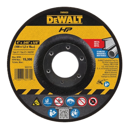 Dewalt Depressed Center Cut-Off Wheel, Type 27, 4 in Dia, 0.045 in Thick, 5/8 in Arbor Hole Size, 60 Grit DW8420