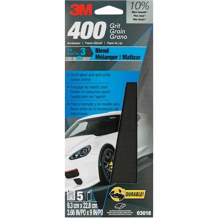 3M Wetordry Sandpaper 03018, 3-2/3 in x 9 in, 400 Grit, 5/Pack, 20PK 3018
