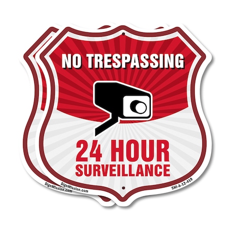 Signmission No Trespassing Shield Sign 24 Hour Surve, 12 inch X 12 inch, Aluminum Metal Sign, 2PK SHI-A-2PACK-12-419