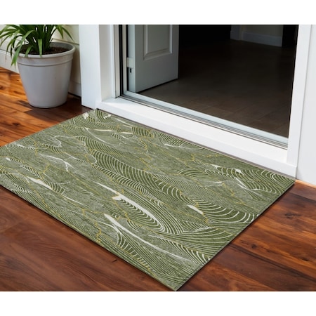 Homeroots 3' X 5' Olive Green Gold And Ivory Abstract Washable Indoor Outdoor Area Rug 601074
