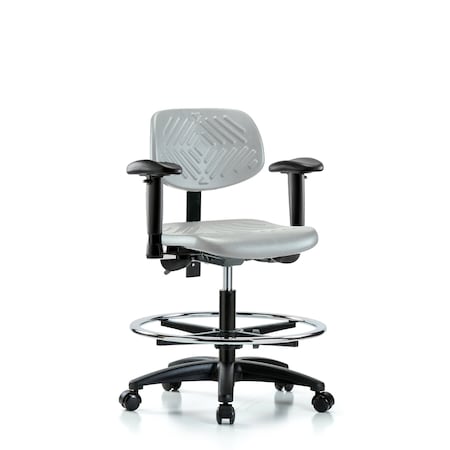Blue Ridge Ergonomics Poly Chair - Medium Bench Height with Adjustable Arms, Chrome Foot Ring, & Casters in Gray Poly PMBCH-RG-T0-A1-CF-RC-GRY