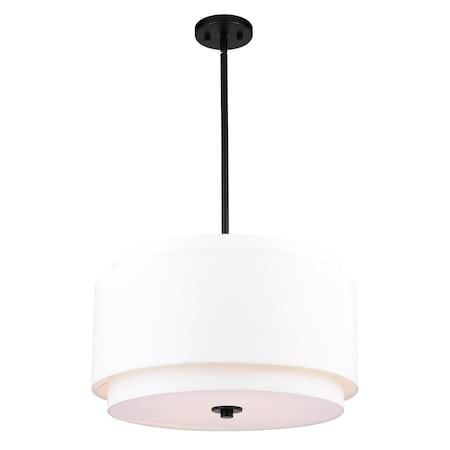 Vaxcel Burnaby 4 Light Black Mid-Century Modern Drum Pendant Fixture with White Linen Fabric Shade P0392