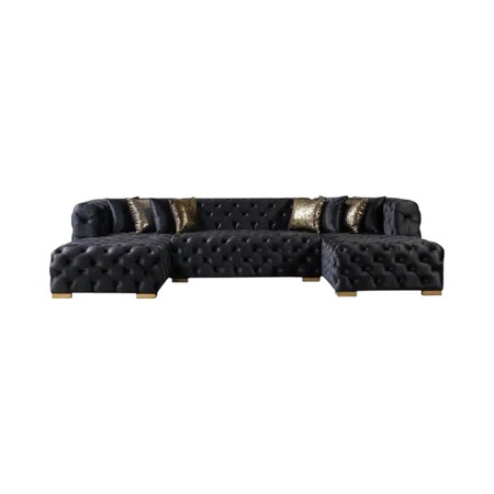 Homeroots Tufted Black Velvet Modular U Shaped Sofa and Chaise Sectional With Toss Pillows 642270