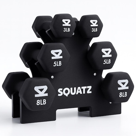 Serenelife Squatz Neoprene Dumbbell Set with Stand, Pairs of 3 lb, 5 lb, and 8 lb Dumbbells SQDBT30BK