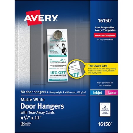 Avery Door Hanger W/Tear-Away Cards 16150, 9-1/2" x 12-1/8", White, 80/Pack 16150