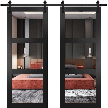 Sartodoors Sturdy Double Barn Door with, Lucia 2555 Matte Black with Clear Glass, 13FT Rail Hangers Heavy Set LUCIA2555DB-BLK-8484