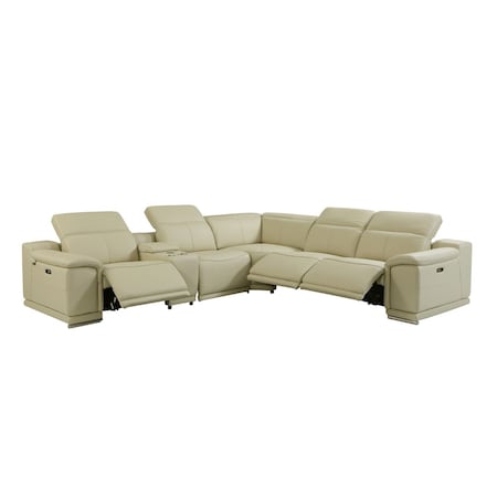 Homeroots Beige Italian Leather Power Reclining U Shaped Six Piece Corner Sectional With Console 476587