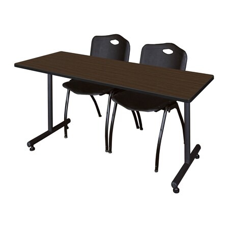 Regency Kobe T-Base Training Seminar Table W/ 2 M Stack Chairs, 72 in W, 24 in L, Neo Walnut MKTRCT7224NW47BK