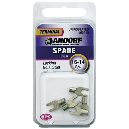 Jandorf Spade Terminal, 600 V, 16 to 14 AWG Wire, No 6 Stud, Copper Contact, 5PK 60910