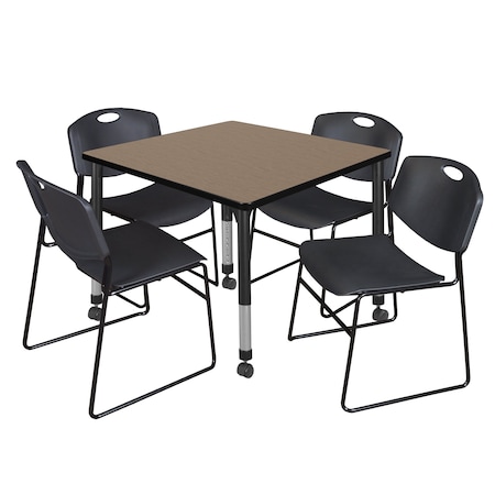 Regency Square Kee Mobile Adjustable Classroom Table W/ 4 Zeng Stack Chairs, 36 in W, 36 in L, Noble Oak TB3636NOAPCBK44BK