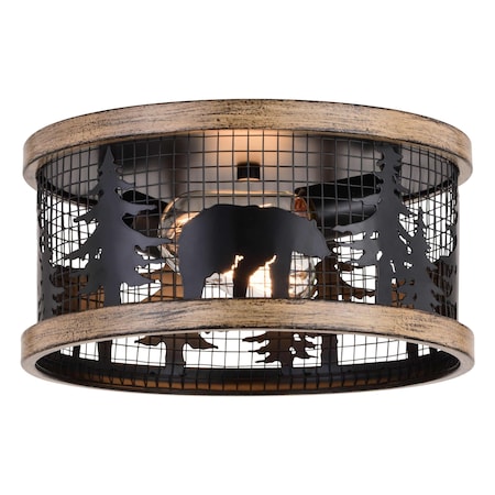 Vaxcel Kodiak 12-in W Black Rustic Round Cage Flush Mount Ceiling Light Fixture Bear and Tree Motif C0262