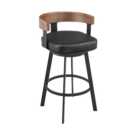 Armen Living Idris 26in Swivel Counter Stool in Black Iron with Walnut Finish and Vintage Black Faux Leather LCIDBABLKWA26