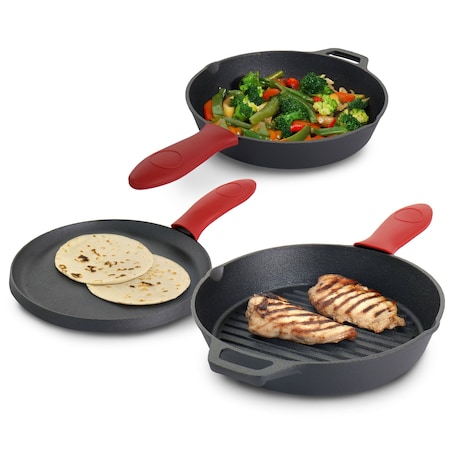 Megachef Pre-Seasoned Cast Iron 6 Piece Set with Red Silicone Holders MCCI-570