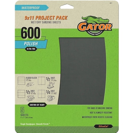 Gator Sanding Sheet, 9 in L, 11 in W, 600 Grit, Ultra Fine, Silicone Carbide Abrasive 4471