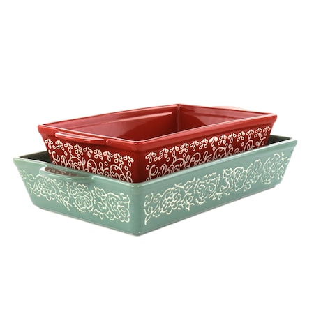 Laurie Gates 2 Piece Tierra Wax Relief Stoneware Baker Set in Red and Mint 136569.02