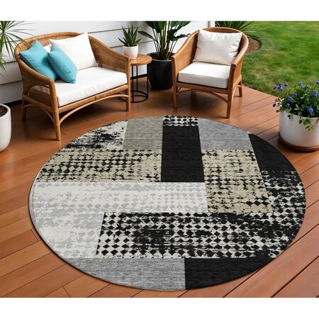 Homeroots 8' Black Taupe And Ivory Round Geometric Washable Indoor Outdoor Area Rug 612390