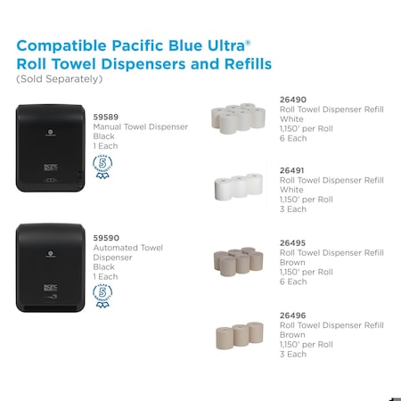 Georgia-Pacific Pacific Blue Ultra Hardwound Paper Towels, 1 Ply, Continuous Roll Sheets, 1150 ft, White, 3 PK 26491