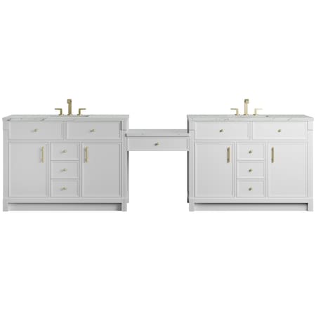 James Martin Vanities Bellshire 120" Dual Vanity Set w/24" Make-Up Counter, Bright White w/3 cm Ethereal Noctis Silestone 660-VMC120-BW-FENC