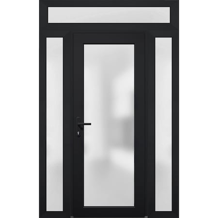 Vdomdoors Front Exterior Prehung FiberGlass Door Frosted Glass / Manux 8102 Matte Black / 2 Sidelight and Tra MANUX8102EXD-BLK-W12+36+12 x H80+14-RH