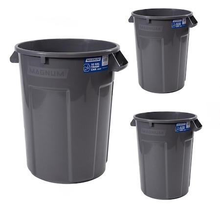 Magnum Tool 32 Gallon Trash Can, Construction Grade, Heavy Duty Plastic (3 Pack) CMTC-C000-32G03
