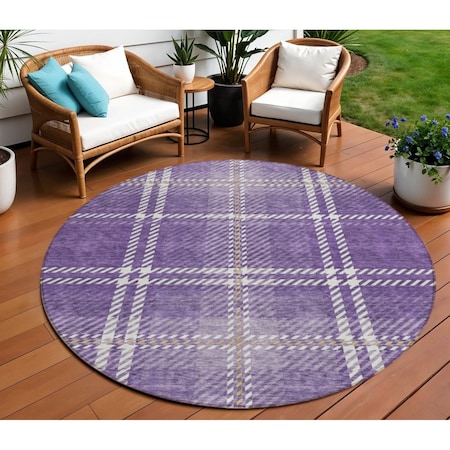 Homeroots 8' Purple Gold And Ivory Round Plaid Washable Indoor Outdoor Area Rug 596359