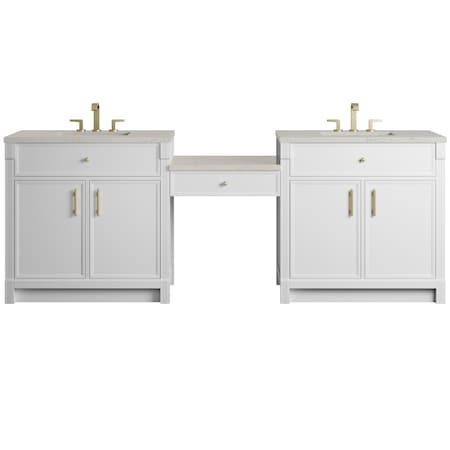 James Martin Vanities Bellshire 96" Dual Vanity Set with 24" Make-Up Counter, Bright White w/3 cm Siberian Silestone Top 660-VMC96-BW-3SFR