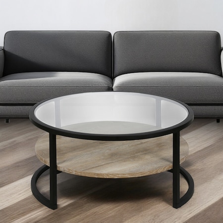 Homeroots 34" Black Glass And Steel Round Coffee Table With Shelf 520925