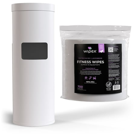 Wipex Plant-Based Lavender Fitness Wipes 700ct Bundle, 1 Refill Roll + White Floor Dispenser w/ Trash Can WX72263WFD1LARP