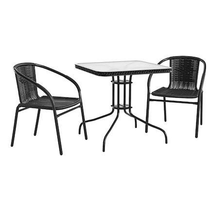 Flash Furniture Square Table Set, Aluminum, Glass, Metal, Plastic, Rattan, Clear TLH-073SQ-037BK2-GG