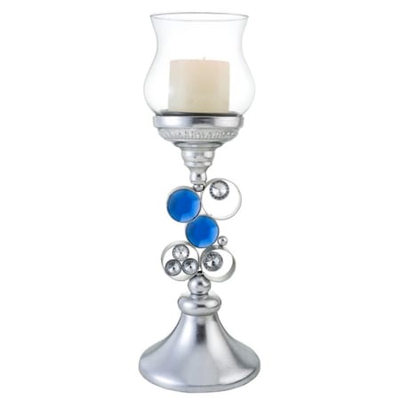 Homeroots 18" Blue Clear And Silver Polyresin Tabletop Hurricane Candle Holder 468338