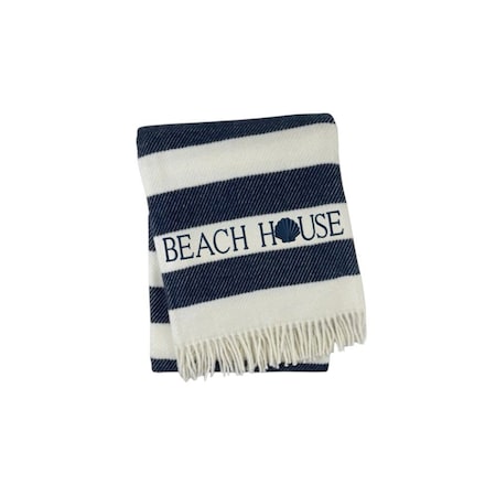 Homeroots 55" X 70" Navy Blue And White Stripe Cotton Beach House Embroidered Throw Blanket with Fringe 713574