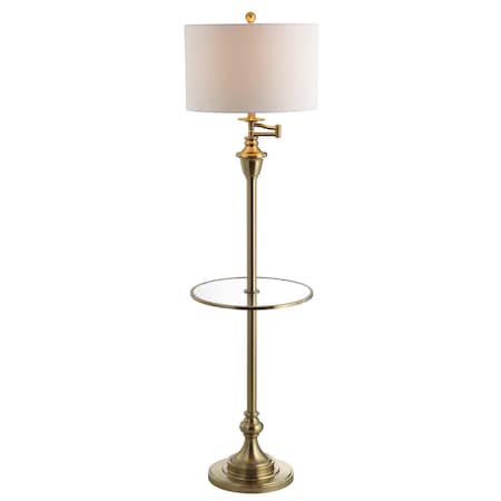 Jonathan Y Cora 60" Modern Metal LED Floor Lamp with Integrated Glass Side Table and Swing Arm, Brass/Clear JYL3055A