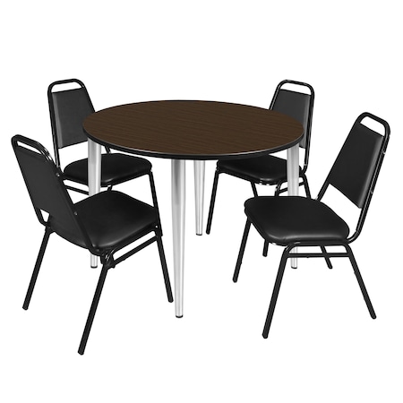 Regency Round Kahlo Breakroom Table W/ 4 Restaurant Stack Chairs, 48 in W, 48 in L, Neo Walnut TPL48RNDNWCM29BK