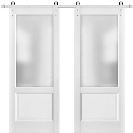 Sartodoors Sliding Double Barn Doors with Hardware, Lucia 22 White Silk with Frosted Opaque Glass, 13FT Rail LUCIA22DB-S-BEM-48 x 96 (2* 24x96)-Frosted Glass