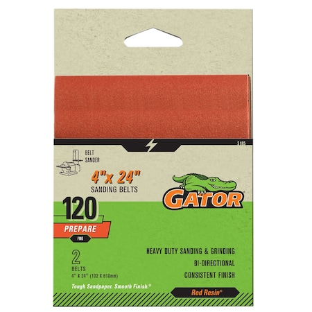 Gator Finishing Red Resin 4 x 24 in. Sanding Belt, 120 Grit, Fine, 2PK 3185