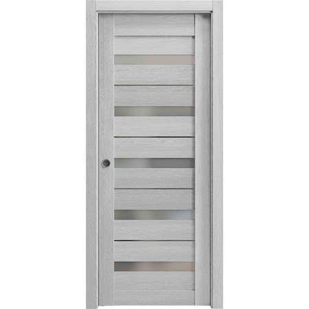 Sartodoors Sliding French Pocket Door 28 x 80in, Light Grey Oak W/ Frosted Glass, Kit Trims Rail Hardware QUADRO4445PD-OAK-28