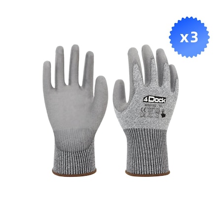 4Dock ANSI A3 Cut Resistant Glove, , PU , L 3 PK WG010-L